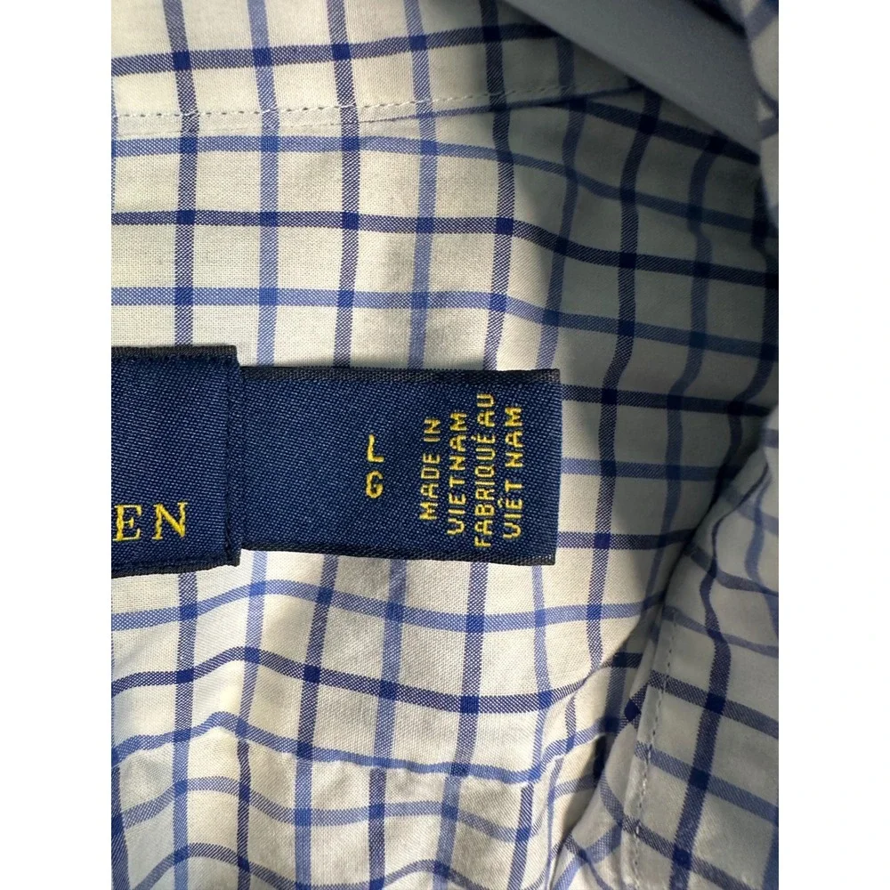 Polo Ralph Lauren Mens Large Blue White Grid Check Button Down Shirt Long Sleeve
